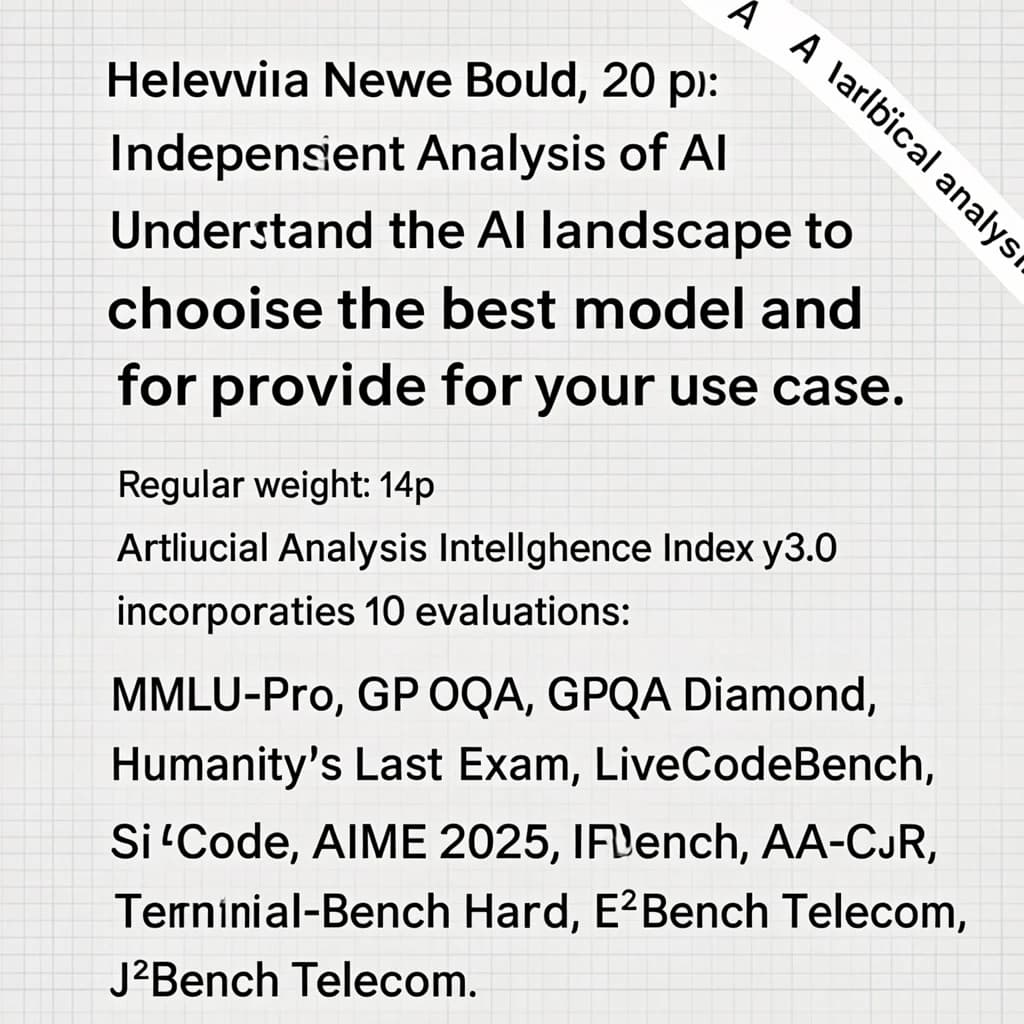 On a white dashboard with thin gray dividers, place a centered header in Helvetica Neue Bold, 20pt: “Independent analysis of AI - Understand the AI landscape to choose the best model and provider for your use case.” Directly beneath, a subheader in smaller Regular weight, 14pt: “Artificial Analysis Intelligence Index v3.0 incorporates 10 evaluations: MMLU-Pro, GPQA Diamond, Humanity's Last Exam, LiveCodeBench, SciCode, AIME 2025, IFBench, AA-LCR, Terminal-Bench Hard, 𝜏²-Bench Telecom.” The header is fully justified but the subheader is left-aligned. In the upper right corner, the Artificial Analysis logo appears watermarked, diagonal, faint gray, partially overlapping the scrollbar.