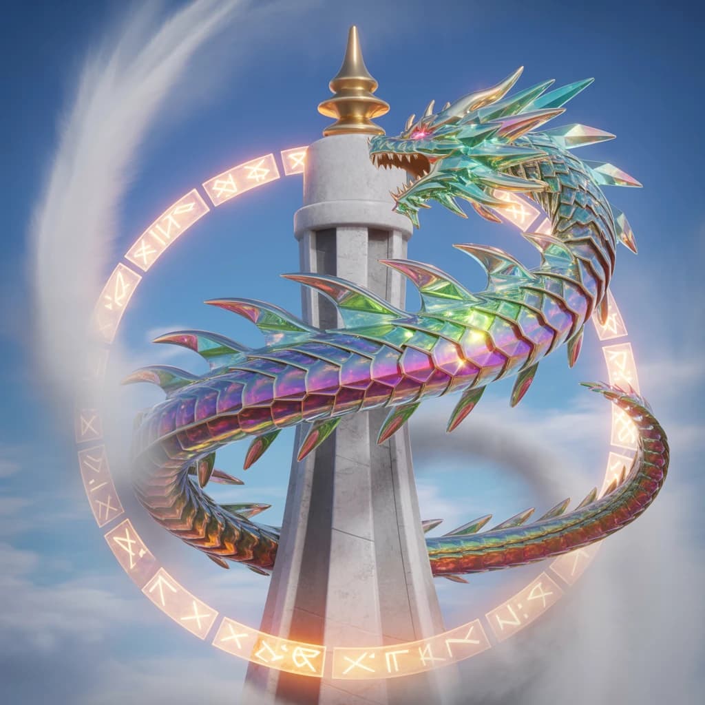 Render an isometric 3D crystal dragon circling a floating tower.