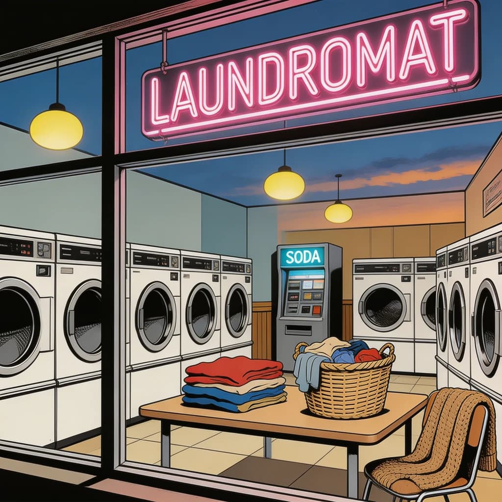 A cozy laundromat at dusk, neon humming, flat colors, bold inked lines.