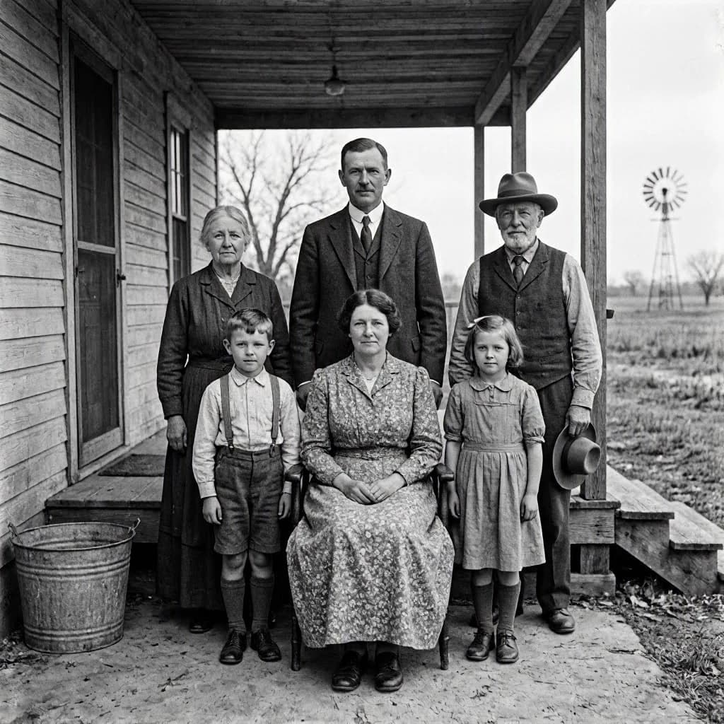 Everybody holds still and nobody smiles for the family portrait. It's 1928 in Kansas