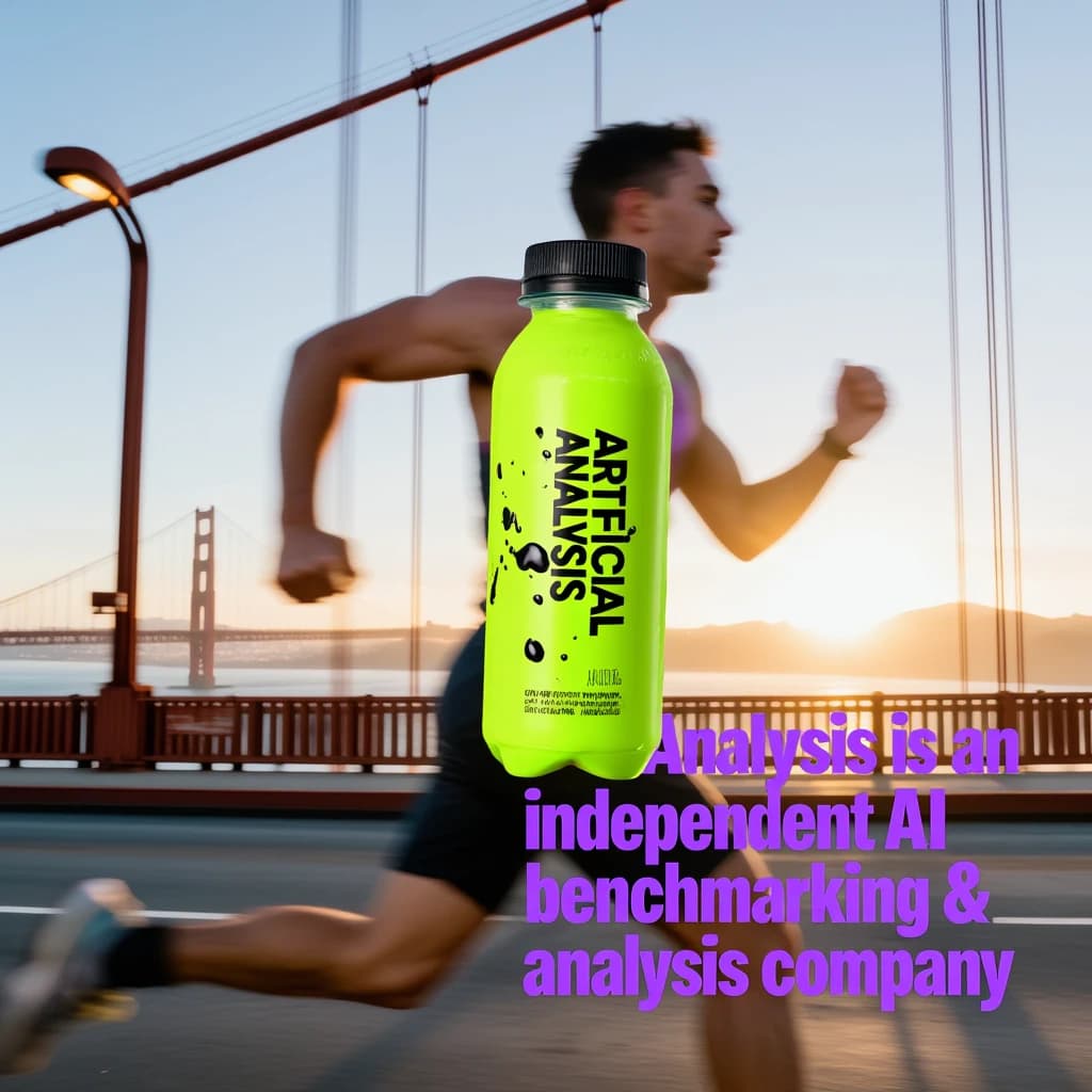 A runner dashes across the Golden Gate Bridge at dawn, sunlight streaming between cables. In their hand, they carry a neon-green sports drink with the brand name Artificial Analysis splashed boldly across the bottle. Motion blur emphasizes speed, while crisp purple sans serif typography overlays the bottom right of the scene with the tagline: Artificial Analysis is an independent AI benchmarking & analysis company