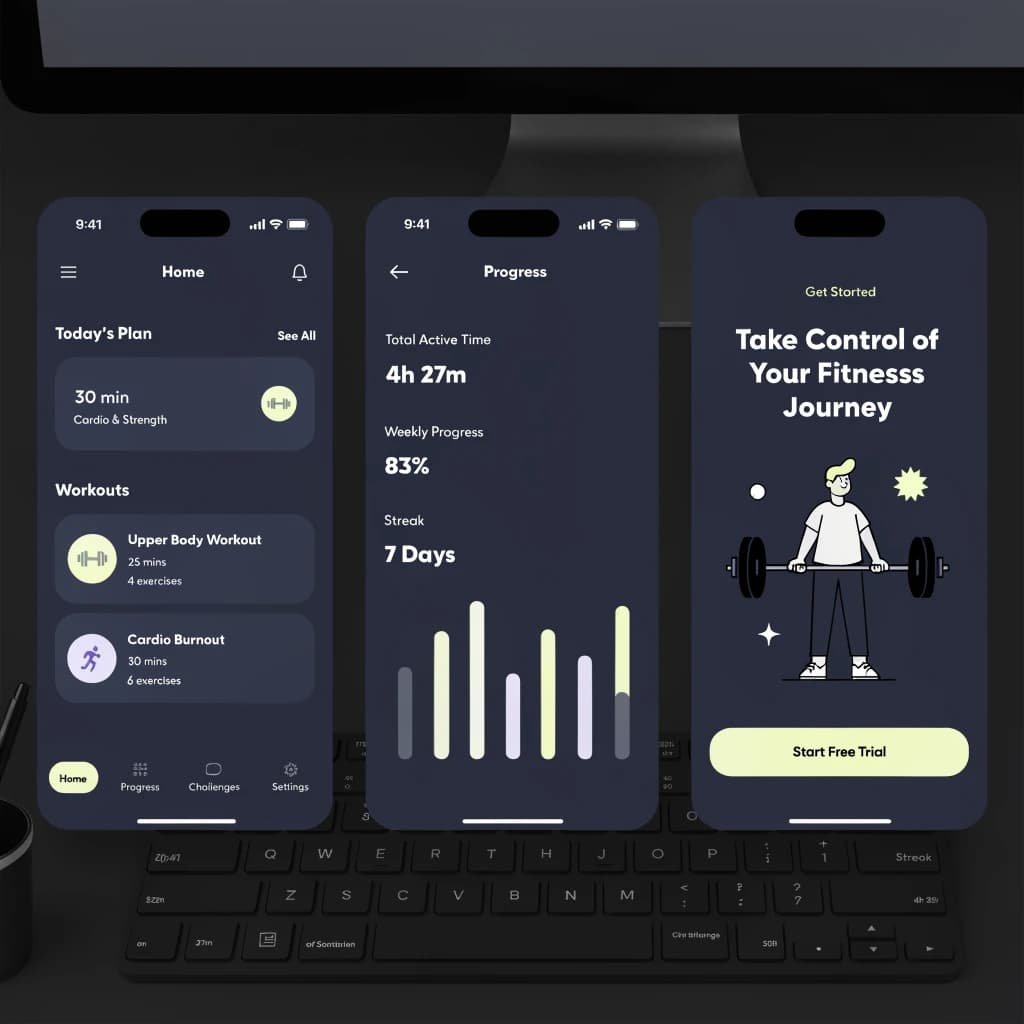 Sleek mobile fitness app screens on a desk: dark mode home, progress dashboard, simple onboarding, clear 8 pt grid, slightly oversized buttons for thumb reach, muted colors.