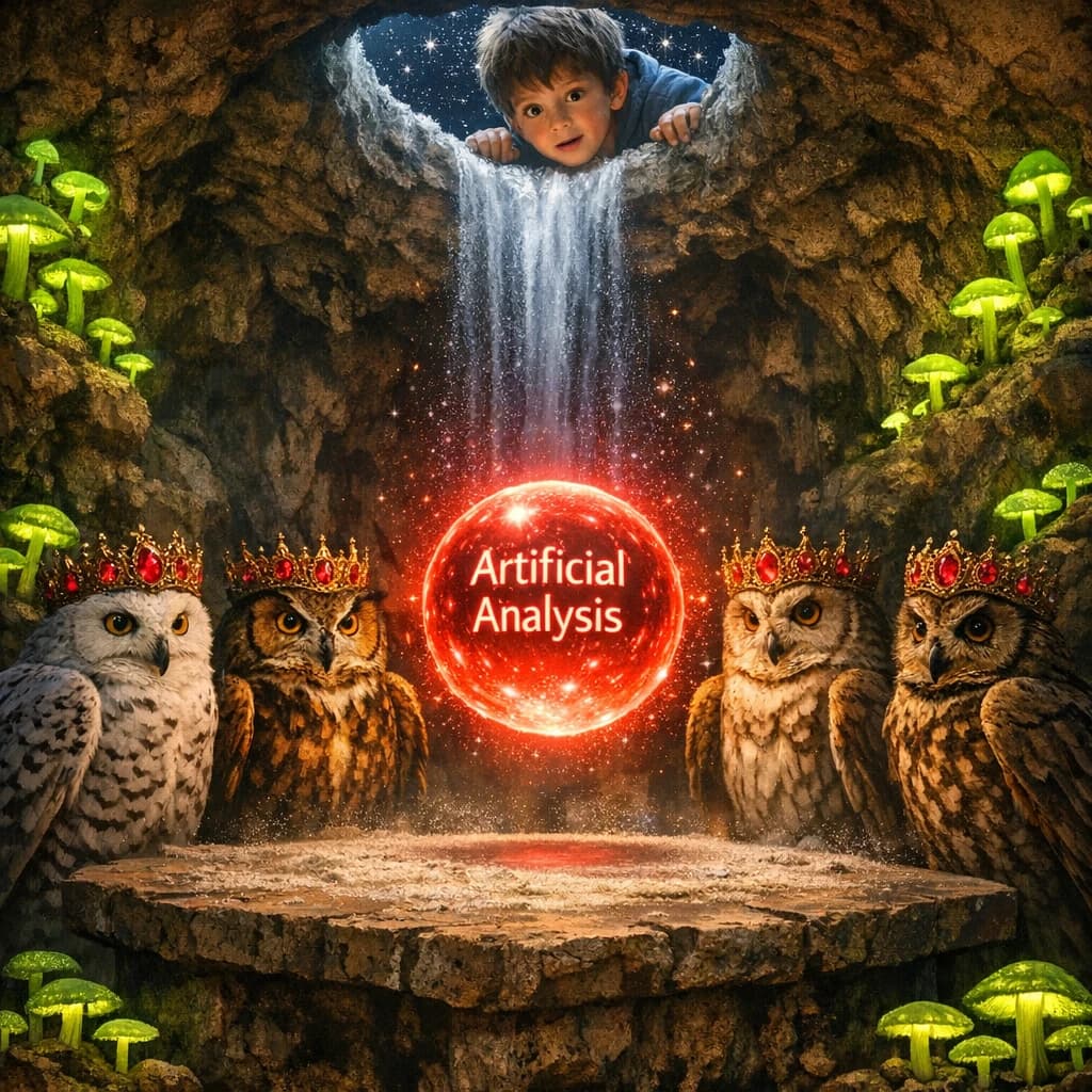 In a cavern lined with bioluminescent fungi glowing lime green, the council of owls wear jeweled crowns that glimmer with rubies, their wings folded behind their backs. Dust coats the stone table, a glowing orb inscribed with “Artificial Analysis” hovers above the table illuminating the owls with its red pulsating light. Behind them, a waterfall falls upward into a ceiling that opens onto stars - a child looks down in wonder from above at what he has stumbled across.