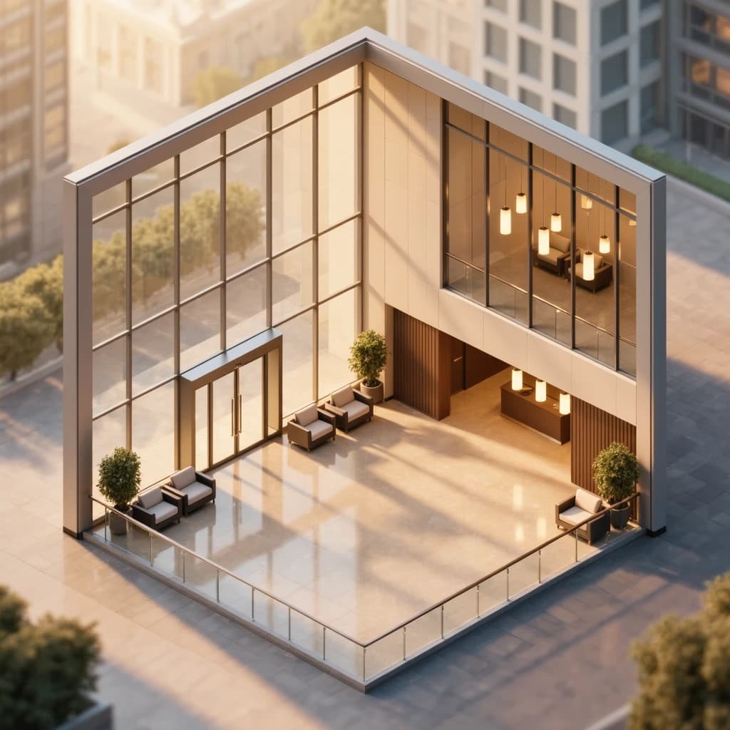 Isometric 3D lobby, glass walls, warm lights, slightly moody, soft shadows.