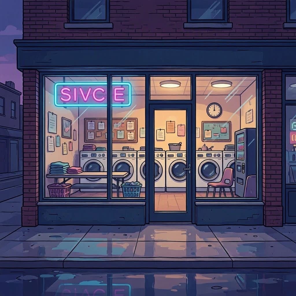A cozy laundromat at dusk, neon humming, flat colors, bold inked lines.