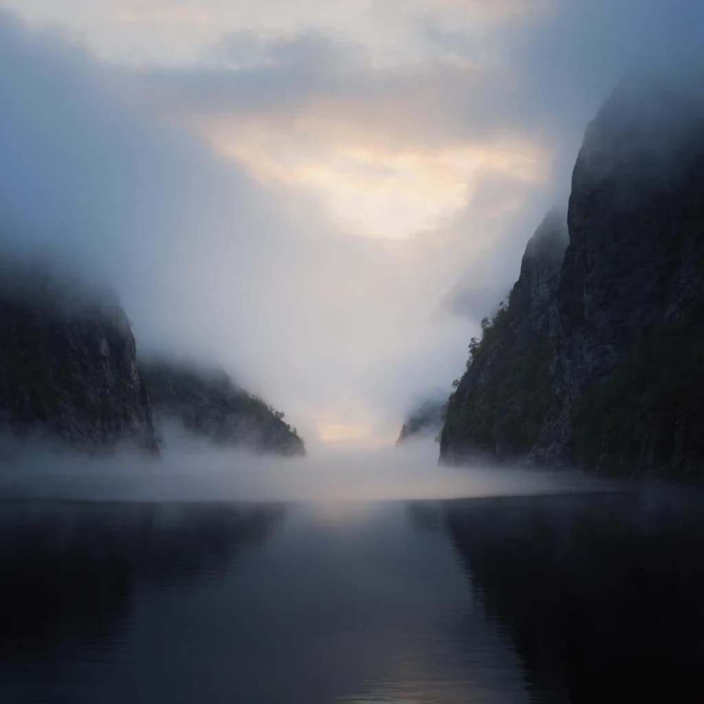 Frame a foggy fjord at sunrise, cliffs looming.