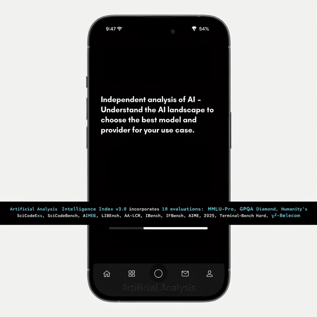 On a black smartphone UI with rounded corners, display a centered text block in white San Francisco font, 16pt: “Independent analysis of AI - Understand the AI landscape to choose the best model and provider for your use case.” Below, in neon cyan, monospace font, smaller size: “Artificial Analysis Intelligence Index v3.0 incorporates 10 evaluations: MMLU-Pro, GPQA Diamond, Humanity's Last Exam, LiveCodeBench, SciCode, AIME 2025, IFBench, AA-LCR, Terminal-Bench Hard, 𝜏²-Bench Telecom.” The second block scrolls horizontally as a ticker. The battery icon in the status bar shows 54%. The Artificial Analysis logo appears faintly, embossed into the bottom navigation bar.