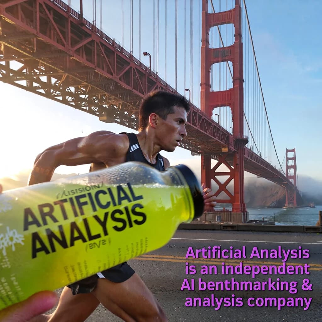 A runner dashes across the Golden Gate Bridge at dawn, sunlight streaming between cables. In their hand, they carry a neon-green sports drink with the brand name Artificial Analysis splashed boldly across the bottle. Motion blur emphasizes speed, while crisp purple sans serif typography overlays the bottom right of the scene with the tagline: Artificial Analysis is an independent AI benchmarking & analysis company