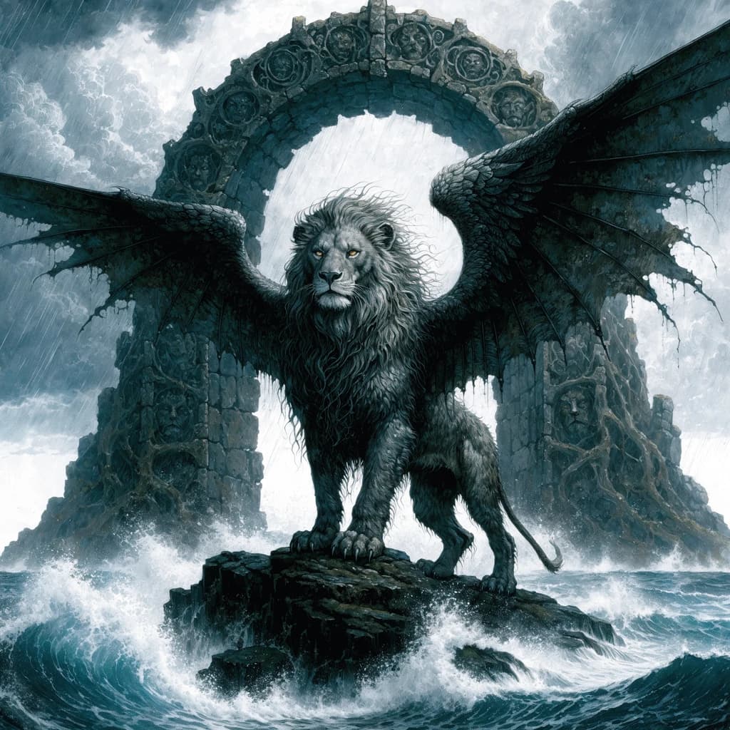 Paint an illuminated manuscript scene of a winged lion guarding a sea gate.