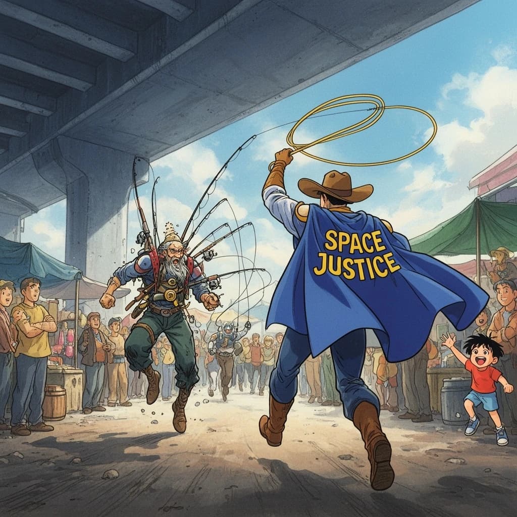 The space cowboy chases the deranged fisherman underneath the causeway, eager to collect on his bounty. Fishing rods and lines hang off the back off the fishermen as he darts between the bustling market crowd. We see the back of the space cowboy in his space poncho emblazoned with the words SPACE JUSTICE, spinning his lasso over his head. A child on the sidelines excitedly cheers the cowboy. 1990s hand drawn anime style with strong fluidity