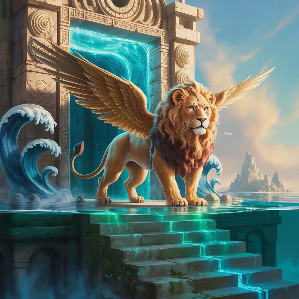 Paint an illuminated manuscript scene of a winged lion guarding a sea gate.