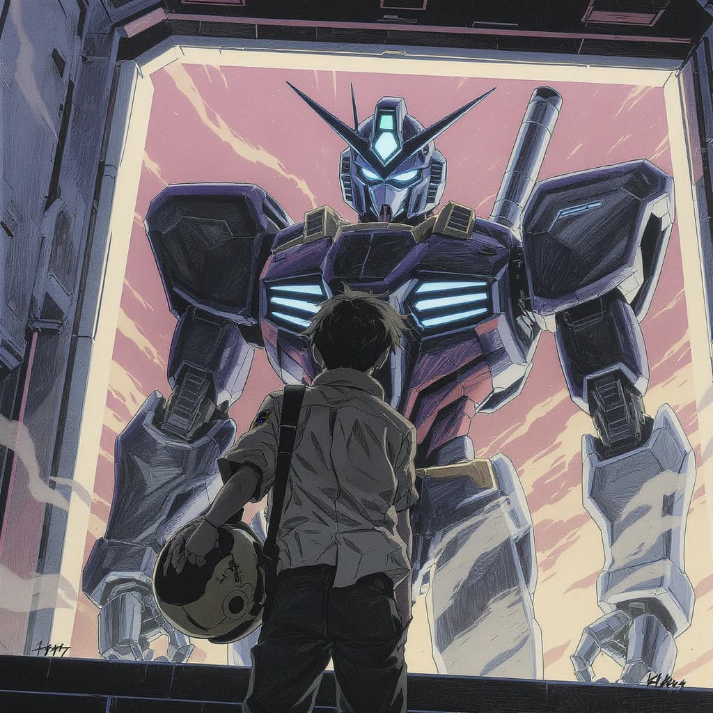 A teenage pilot grips his helmet under one arm, standing at the edge of a glowing hangar bay. Before him looms a sleek, steel-blue mech, its eyes lit with a cold electric glare. His school uniform is rumpled, a sharp contrast to the machine’s flawless plating. The vast scale engulfs him in shadow, emphasizing both awe and dread. Hand-drawn anime style.