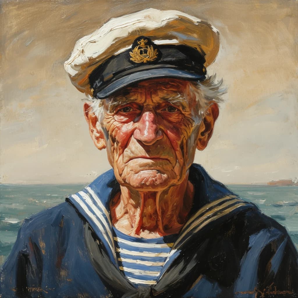 Oil on canvas portrait of an elderly sailor, weathered face, soft light.