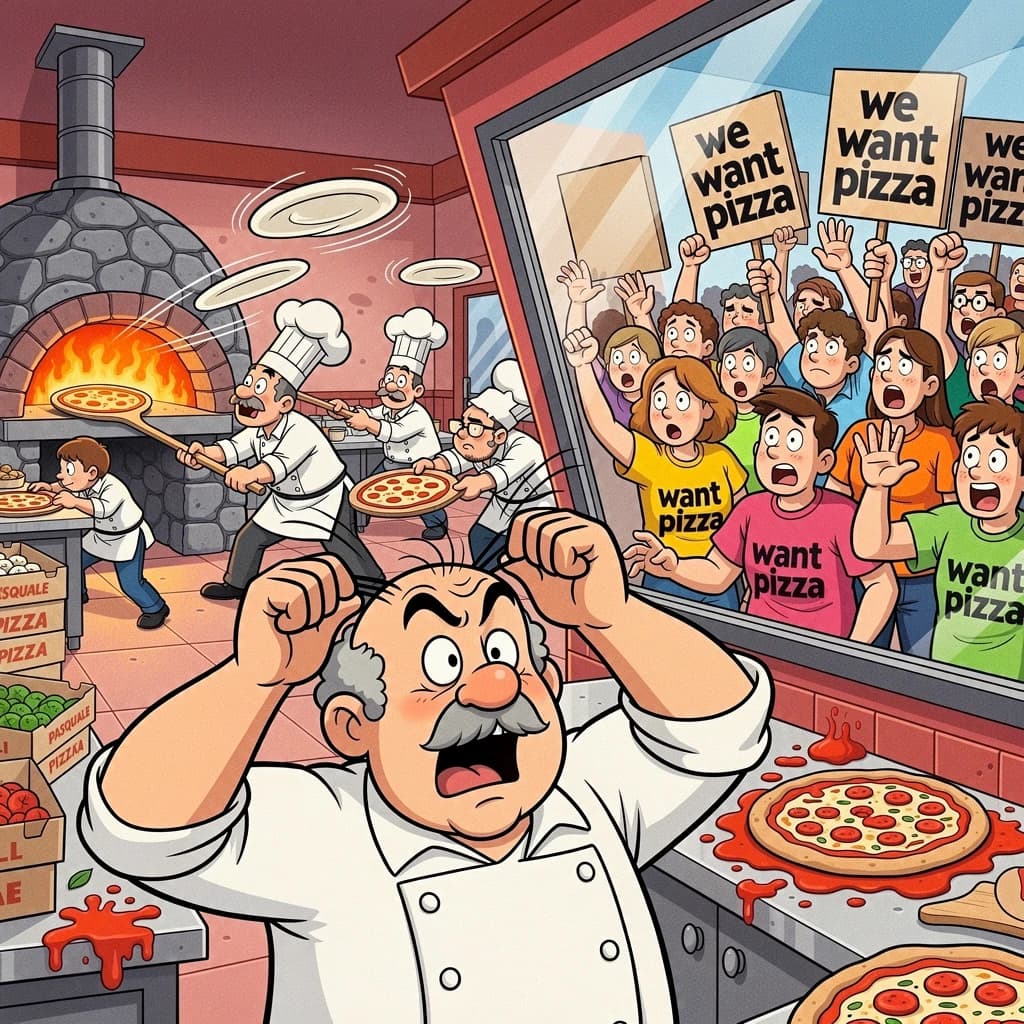 Pasquale is pulling his few remaining hairs out over a disaster at the pizzeria - the cooks are working as fast as they can but the crowds outside are swelling and they demand hot hot pizza! They are banging on the glass and some are wearing "we want pizza" shirts. 1980s western TV animation style.