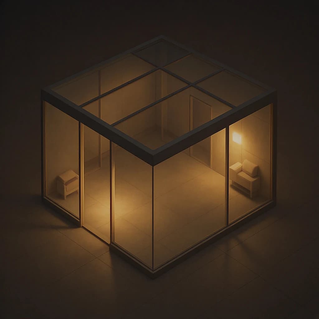 Isometric 3D lobby, glass walls, warm lights, slightly moody, soft shadows.