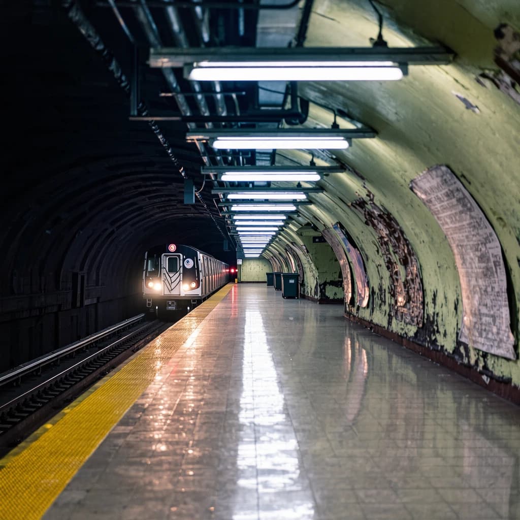 A subterranean subway platform with glossy tiles, peeling posters, flickering fluorescent lights, yellow safety line, and a distant train coming; slightly damp, echoes carry.