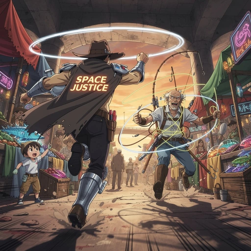 The space cowboy chases the deranged fisherman underneath the causeway, eager to collect on his bounty. Fishing rods and lines hang off the back off the fishermen as he darts between the bustling market crowd. We see the back of the space cowboy in his space poncho emblazoned with the words SPACE JUSTICE, spinning his lasso over his head. A child on the sidelines excitedly cheers the cowboy. 1990s hand drawn anime style with strong fluidity
