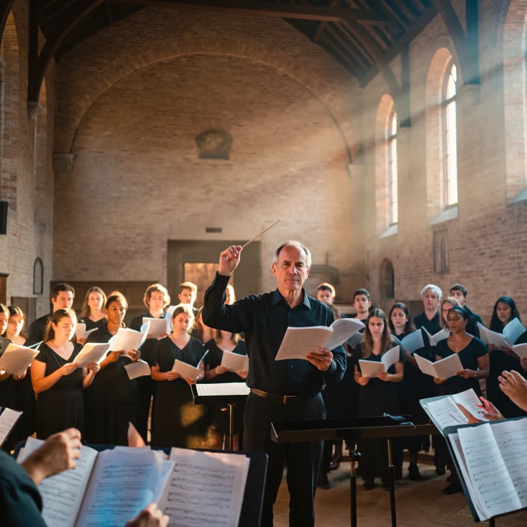 A choir rehearses in a brick hall as somewhat dramatic morning light falls through high windows, with a patient conductor mid-gesture, open scores, intent faces, slight motion blur.
