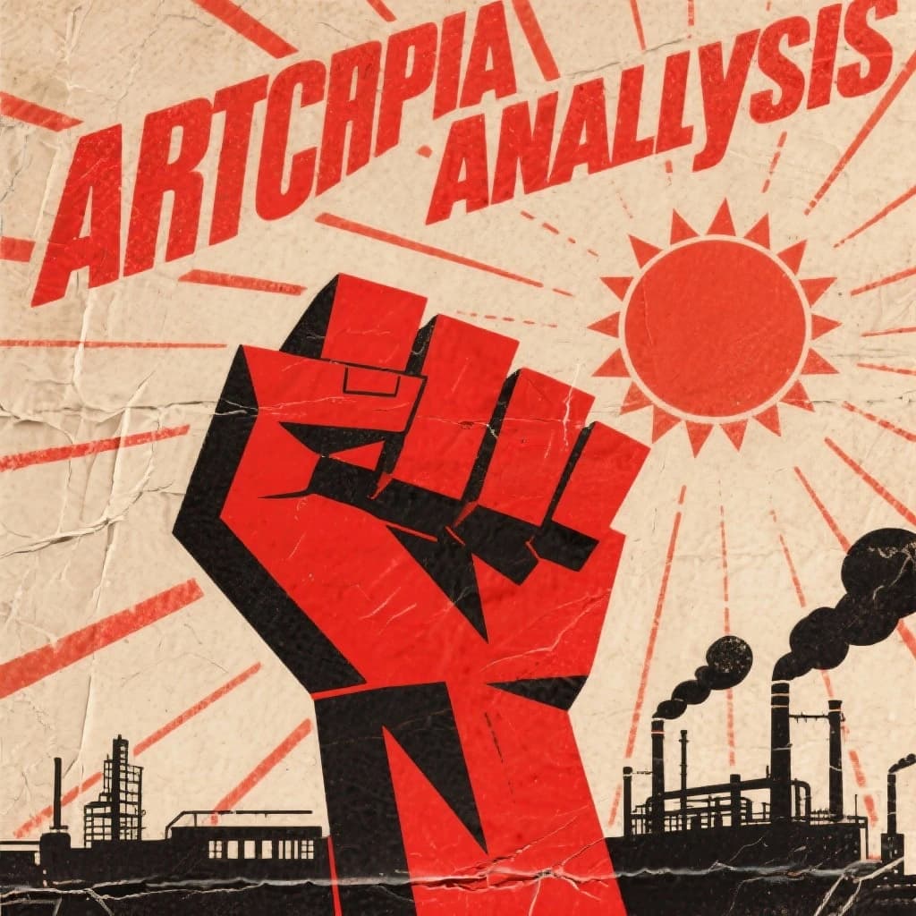 A propaganda poster in stark red, black, and beige. A clenched fist rises in the foreground, rendered with sharp geometric blocks. Behind it, radiating lines stretch upward toward a stylized sun. At the top, bold sans-serif lettering in Cyrillic-inspired type spells out Artificial Analysis, tilted at an angle for emphasis. A factory skyline silhouettes the bottom edge, smoke stacks rising into the background. The texture is rough, printed on aged paper with visible creases and ink bleed. Designed in the constructivist Soviet poster style.