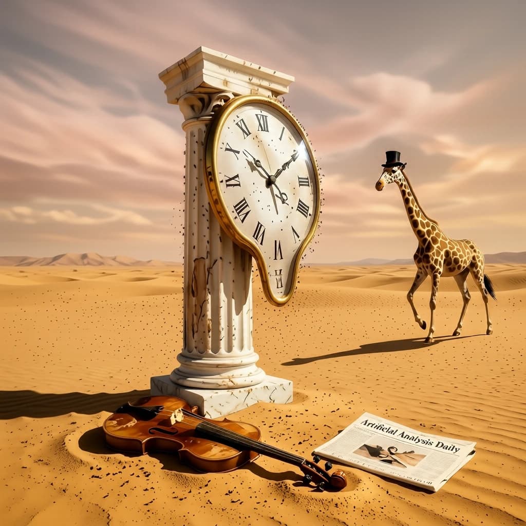 A vast desert plain stretches endlessly under a sky streaked with pale pink and ochre clouds. In the center stands a colossal clock, its face drooping and melting over the edge of a broken marble column. Ants swarm across its warped surface, glinting in the harsh sunlight. To the right, a horse with a giraffe like neck wearing a top hat strides toward the horizon, its shadow stretching miles across the sand. A cracked violin lies half-buried in the foreground, strings snapping outward like veins. Painted in the dreamlike surrealist style. A newspaper named the "Artificial Analysis Daily" lies on the Floor.