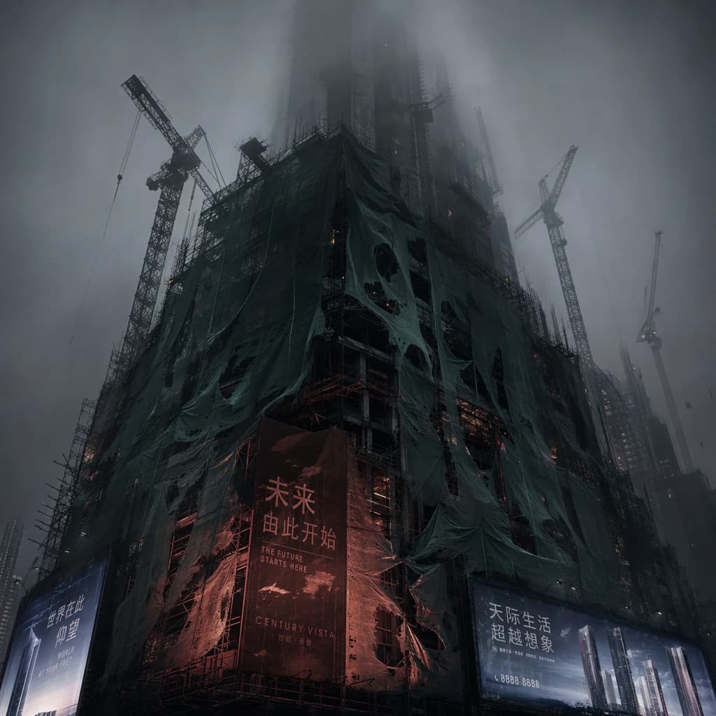 A construction site stretched upward into fog, cranes frozen in silhouette. Wind rattled scaffolding draped with torn mesh that glowed faintly from nearby billboards