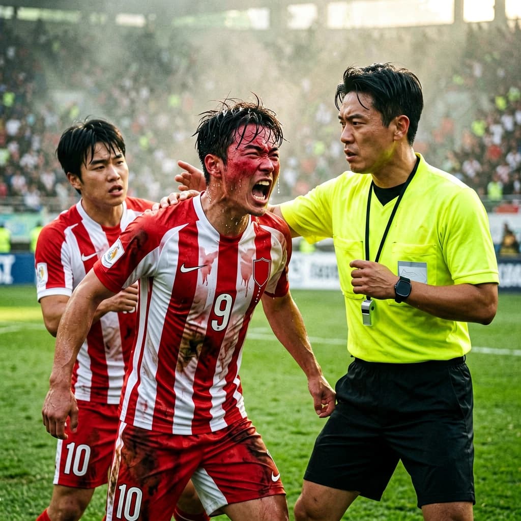 The soccer player clashes with the ref. It is thick and humid and the heat is getting to the players. His friend tries to pull him off before he causes any more trouble.