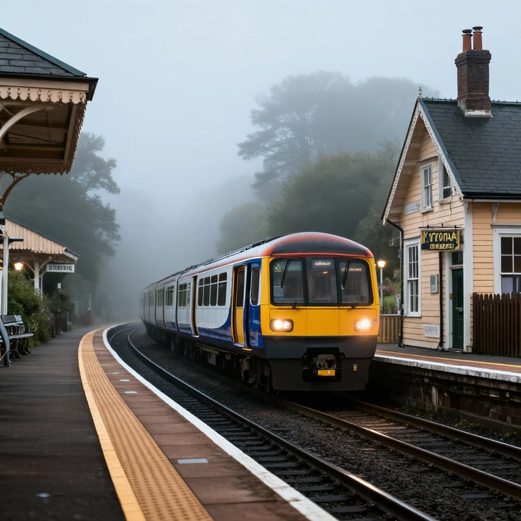 A commuter train enters a foggy little station.