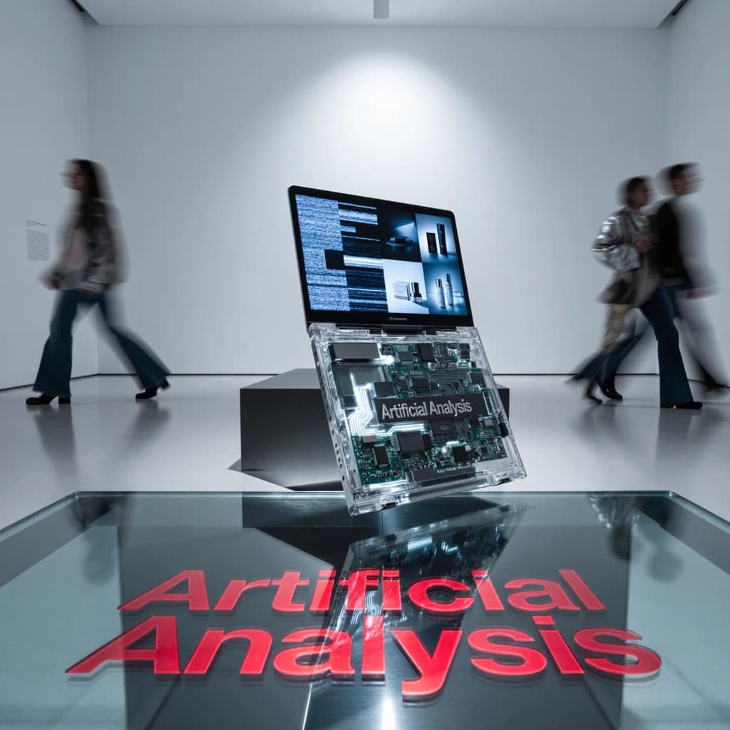 In a spotless gallery space, a pedestal supports a transparent laptop whose screen flickers between static and pristine brand imagery. Shoppers blur past in designer clothes that appear slightly outdated - bell bottoms, metallic jackets. The embossed logo “Artificial Analysis” glints silver, yet its reflection in the glass floor reads in crimson letters. A single spotlight shines, though shadows fall in two directions.