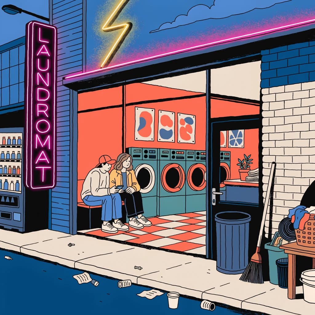 A cozy laundromat at dusk, neon humming, flat colors, bold inked lines.