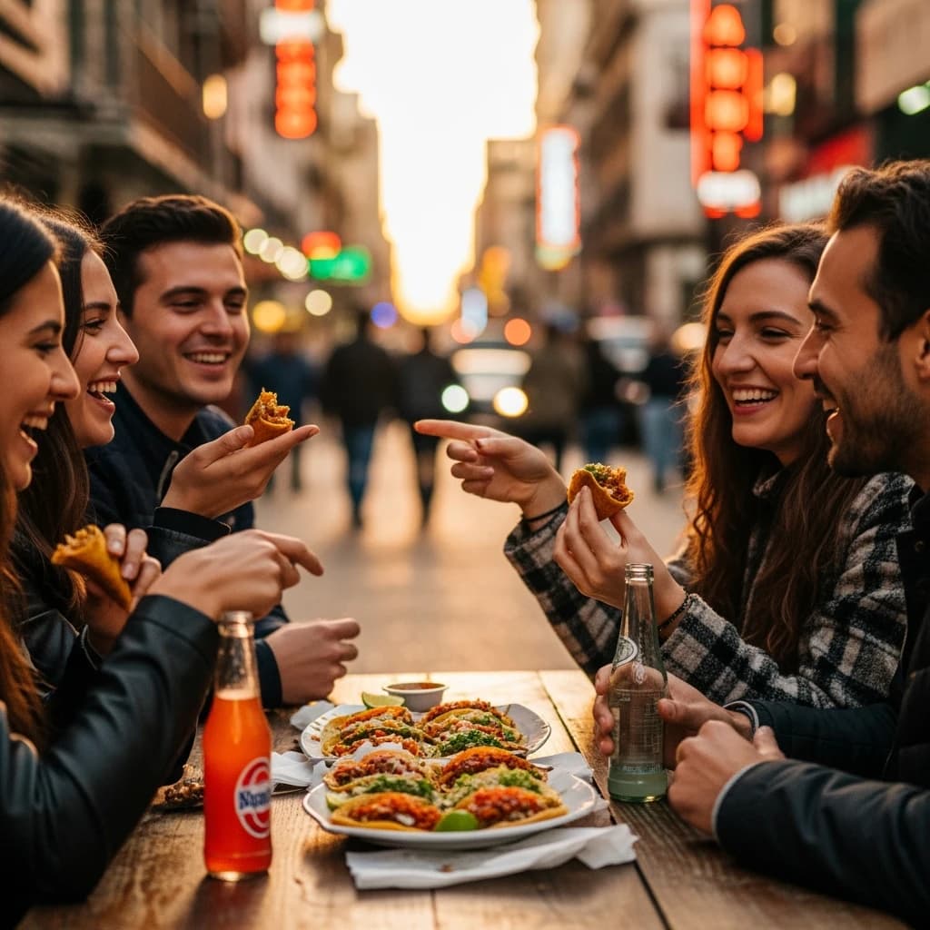 Friends laugh over street tacos at dusk, candid, shallow depth.