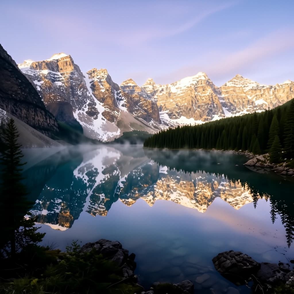 I want a photo of a misty alpine lake at dawn, pines, glassy water, warm light.