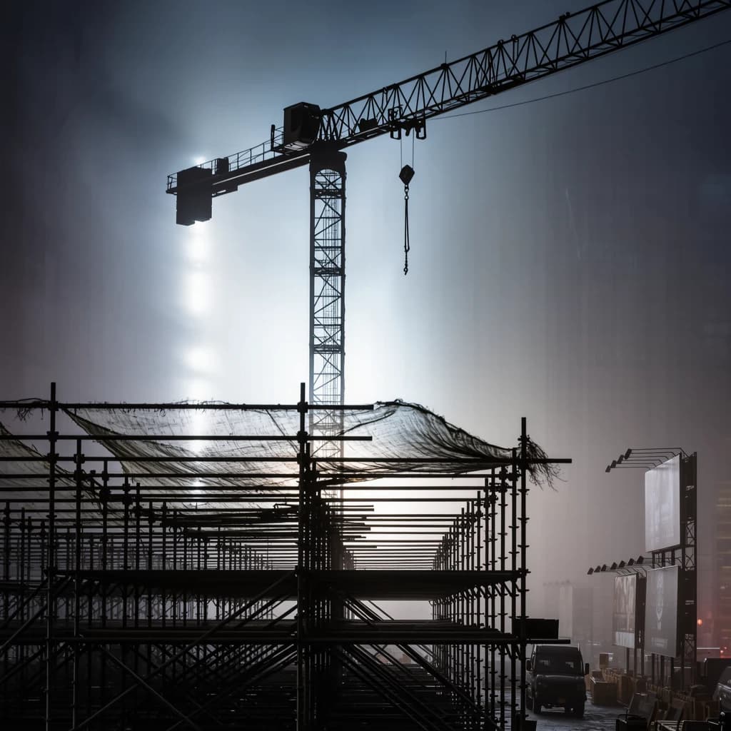 A construction site stretched upward into fog, cranes frozen in silhouette. Wind rattled scaffolding draped with torn mesh that glowed faintly from nearby billboards