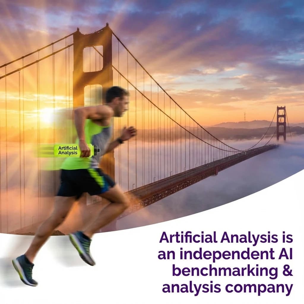 A runner dashes across the Golden Gate Bridge at dawn, sunlight streaming between cables. In their hand, they carry a neon-green sports drink with the brand name Artificial Analysis splashed boldly across the bottle. Motion blur emphasizes speed, while crisp purple sans serif typography overlays the bottom right of the scene with the tagline: Artificial Analysis is an independent AI benchmarking & analysis company