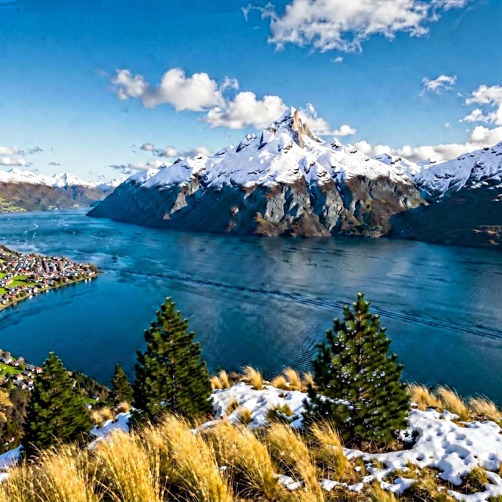 Queenstown's Lake Wakatipu, viewed from the top of Queenstown Hill after a snowstorm just dusted the top of Cecil's Peak