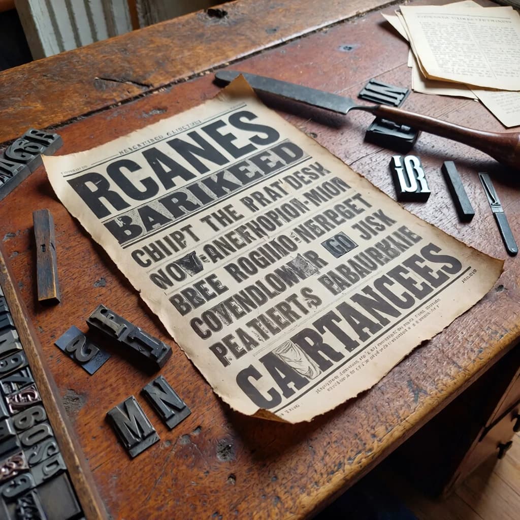 A vintage letterpress poster on a wooden desk: bold slab serif headline, tight kerning, misregistered ink, slightly worn edges, scattered metal type, soft window light.