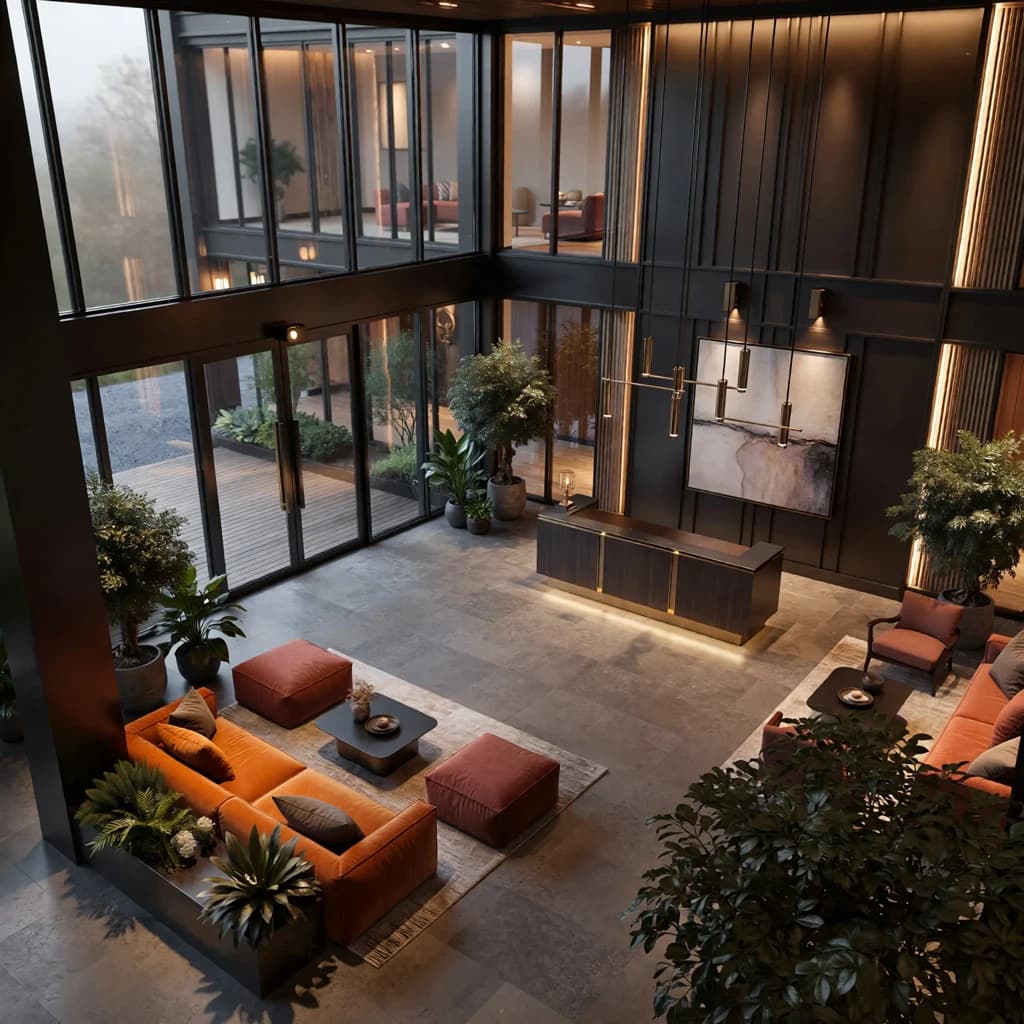 Isometric 3D lobby, glass walls, warm lights, slightly moody, soft shadows.