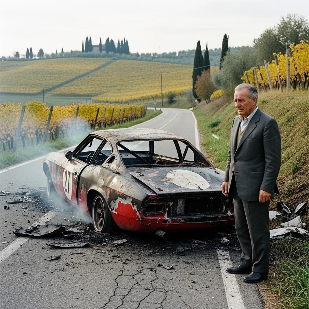 Mario examines the still smouldering wreck of the crash that took his best driver on the side of the country road. He designed this car and caused this. 3 days have passed since the crash. It's 1973 in Northern Italy.