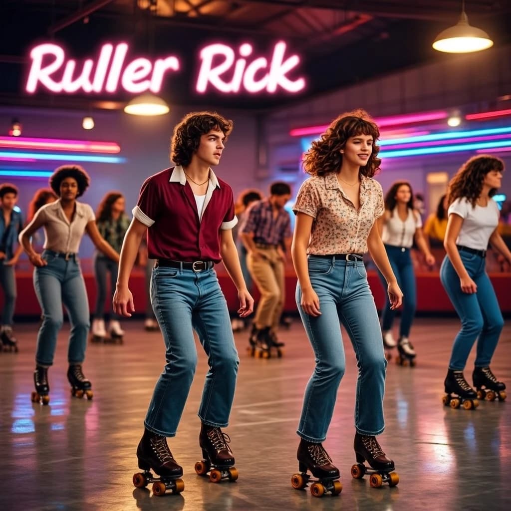 A 1970s roller rink crowd skates under neon, with a bit of fade and film grain.