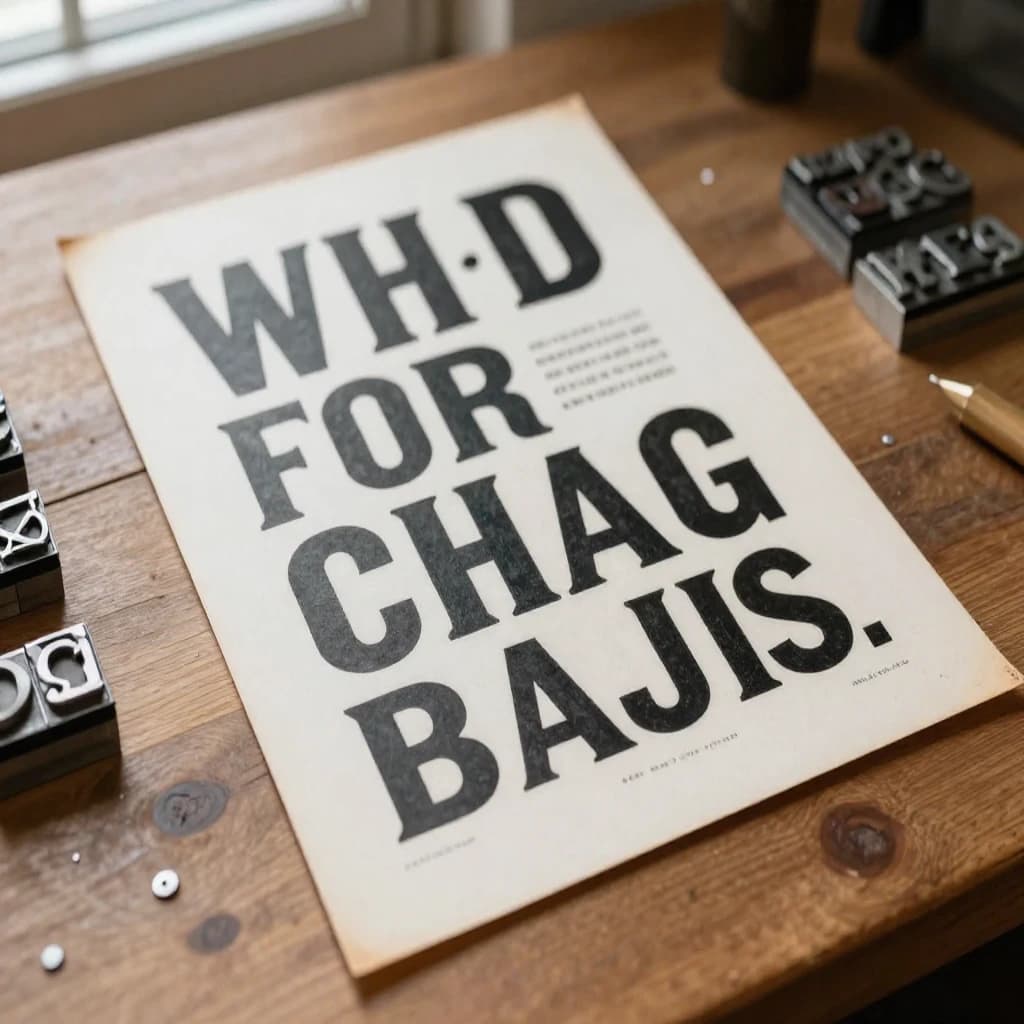 A vintage letterpress poster on a wooden desk: bold slab serif headline, tight kerning, misregistered ink, slightly worn edges, scattered metal type, soft window light.