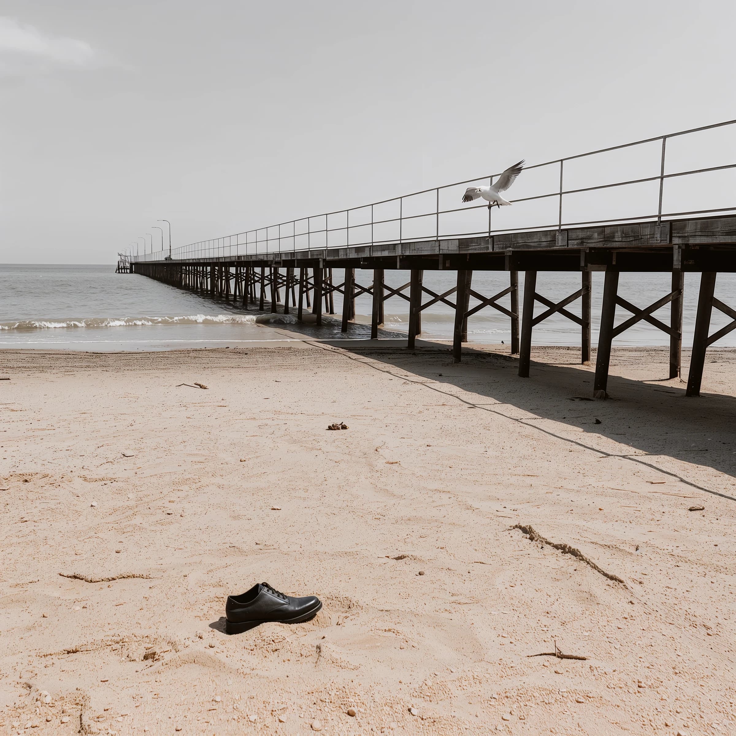 The beach is flat, sand beige, granular, no shells, except for a single left shoe, black leather, size eleven, half buried at an angle. The pier extends straight into the water, wood untreated, grain visible, though the support posts vanish before they touch the surface. The sky is uniformly gray, no clouds, yet shadows stretch at sharp diagonals. A single gull sits on the railing, wings outstretched, frozen mid-flap, no movement.