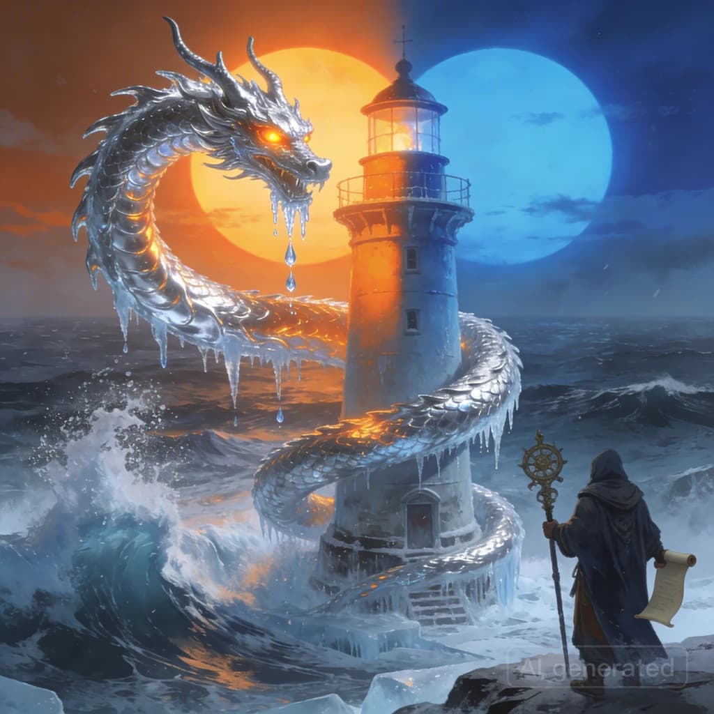 A dragon of molten silver coils around a lighthouse. The storming sea below crashes upward in frozen stillness, as though caught mid-motion. The dragon’s molten eyes drip tears of ice. On the horizon, two suns set next to each other, casting orange light on one side of the tower and blue on the other. A cloaked traveler carries an ancient weapon in his left hand and a scroll in his right.