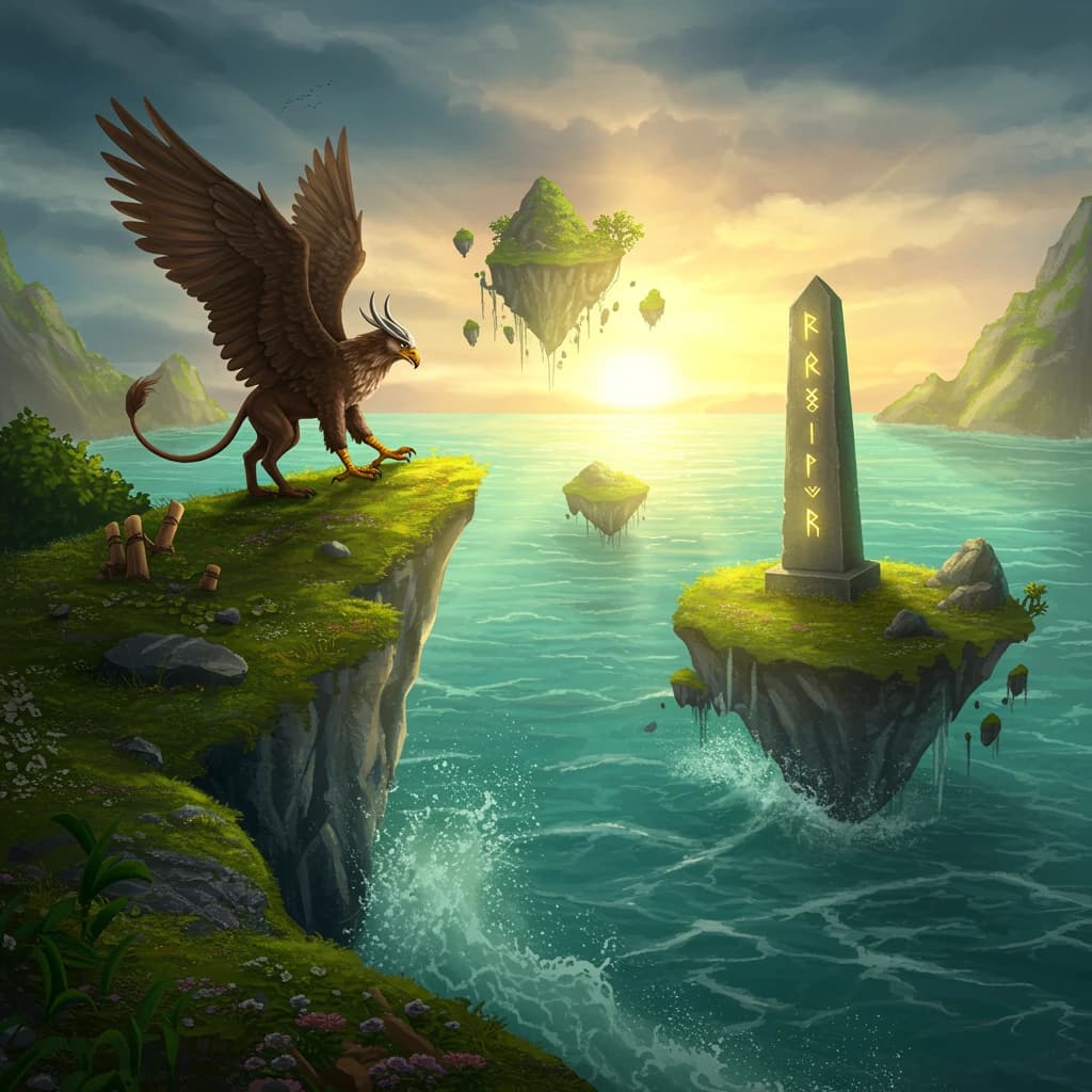 At dawn, a winged griffin lands on a mossy cliff above a jade sea beside a runed obelisk; floating isles drift under golden sunbeams, with a bit of sea spray and glowing runes.