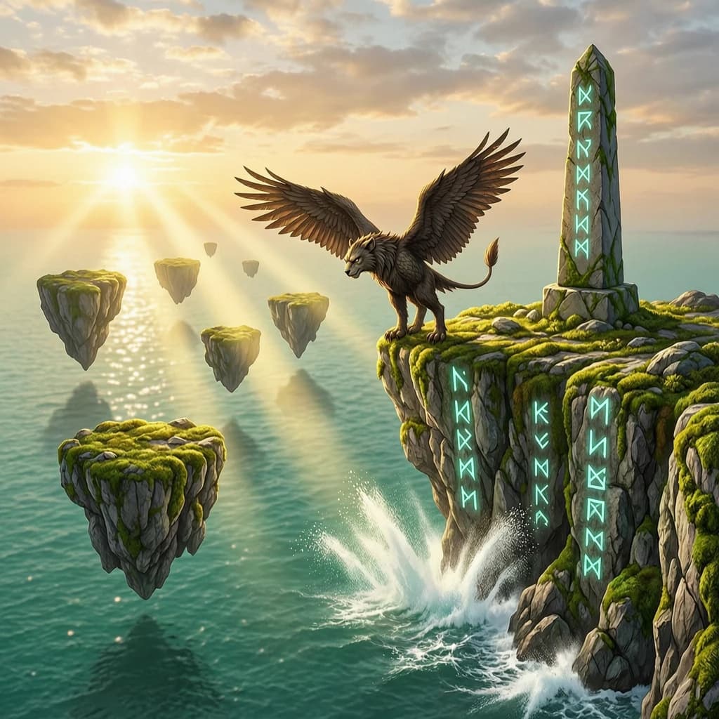 At dawn, a winged griffin lands on a mossy cliff above a jade sea beside a runed obelisk; floating isles drift under golden sunbeams, with a bit of sea spray and glowing runes.
