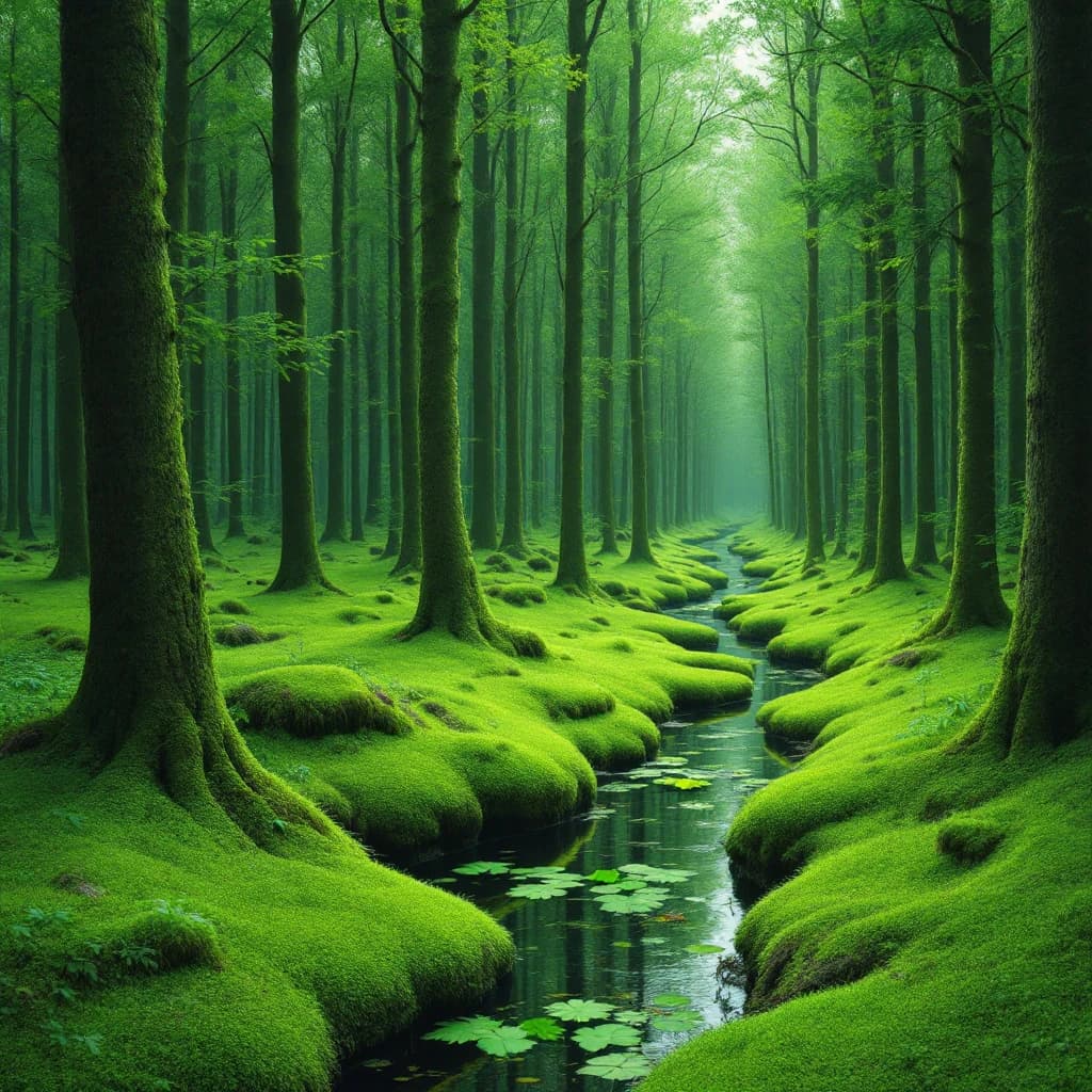 The forest is saturated green, trees identical in height and width, trunks straight, bark texture repeating. One trunk leans diagonally yet the branches remain vertical. The moss is emerald, glistening, though each patch forms identical diamond shapes. A stream runs straight, perfectly linear, water clear, reflecting clouds not visible in the sky. No animals, no insects, but one leaf floats on the water, doubled, showing two overlapping shadows.