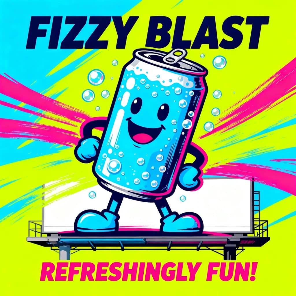 Design a bright soda billboard ad with a bubbly can mascot, thick inky lines.