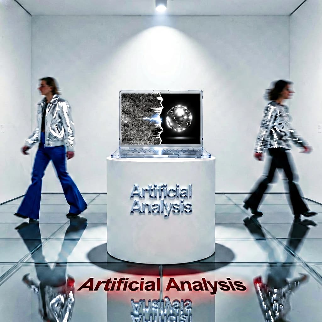 In a spotless gallery space, a pedestal supports a transparent laptop whose screen flickers between static and pristine brand imagery. Shoppers blur past in designer clothes that appear slightly outdated - bell bottoms, metallic jackets. The embossed logo “Artificial Analysis” glints silver, yet its reflection in the glass floor reads in crimson letters. A single spotlight shines, though shadows fall in two directions.