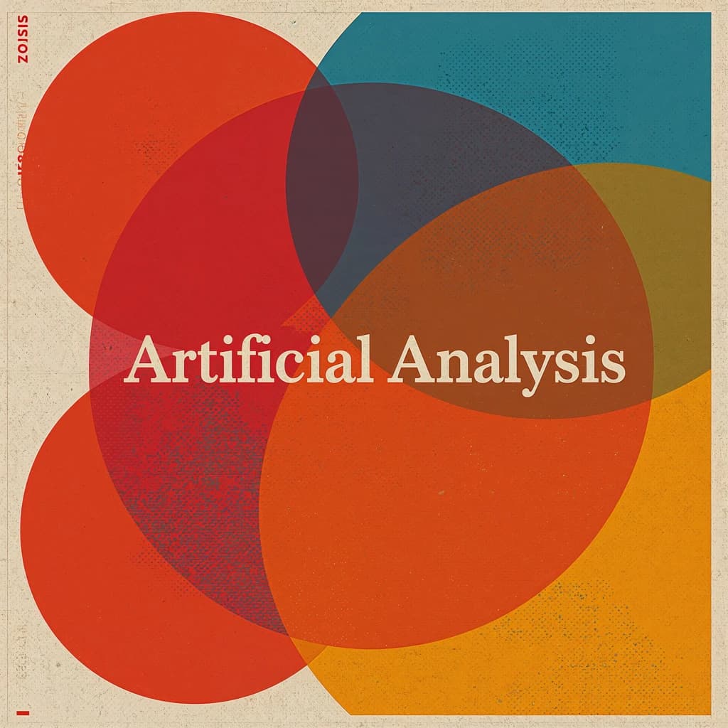 A bold poster composition dominated by flat geometric shapes in crimson, cobalt, and ochre. Overlapping circles and sharp diagonal lines create dynamic tension across the frame. A single sans-serif word — Artificial Analysis — stretches across the center in stark white, distorted slightly as though caught mid-glitch. The background is textured with halftone dots and faint grid lines, while subtle overlays of translucent rectangles suggest depth. Designed in the spirit of modernist Swiss typography fused with digital glitch aesthetics.