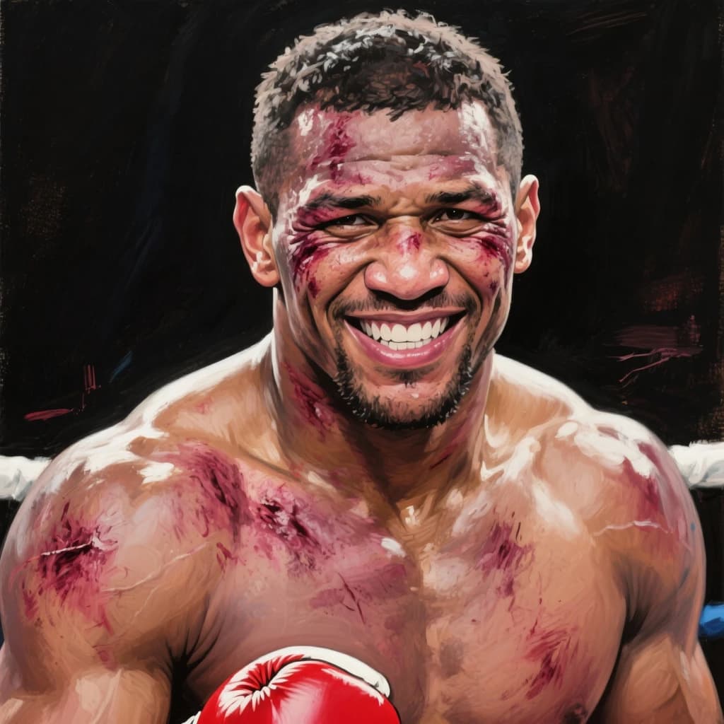 Paint a bruised boxer smiling, serious expression.