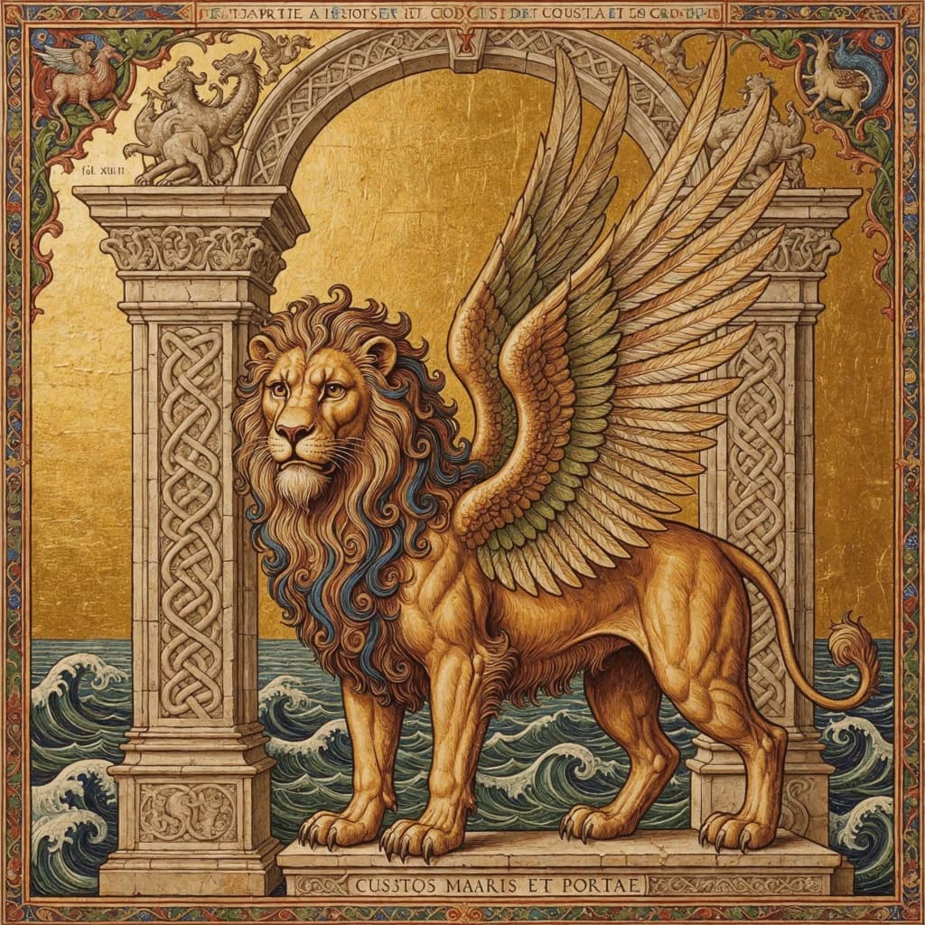 Paint an illuminated manuscript scene of a winged lion guarding a sea gate.