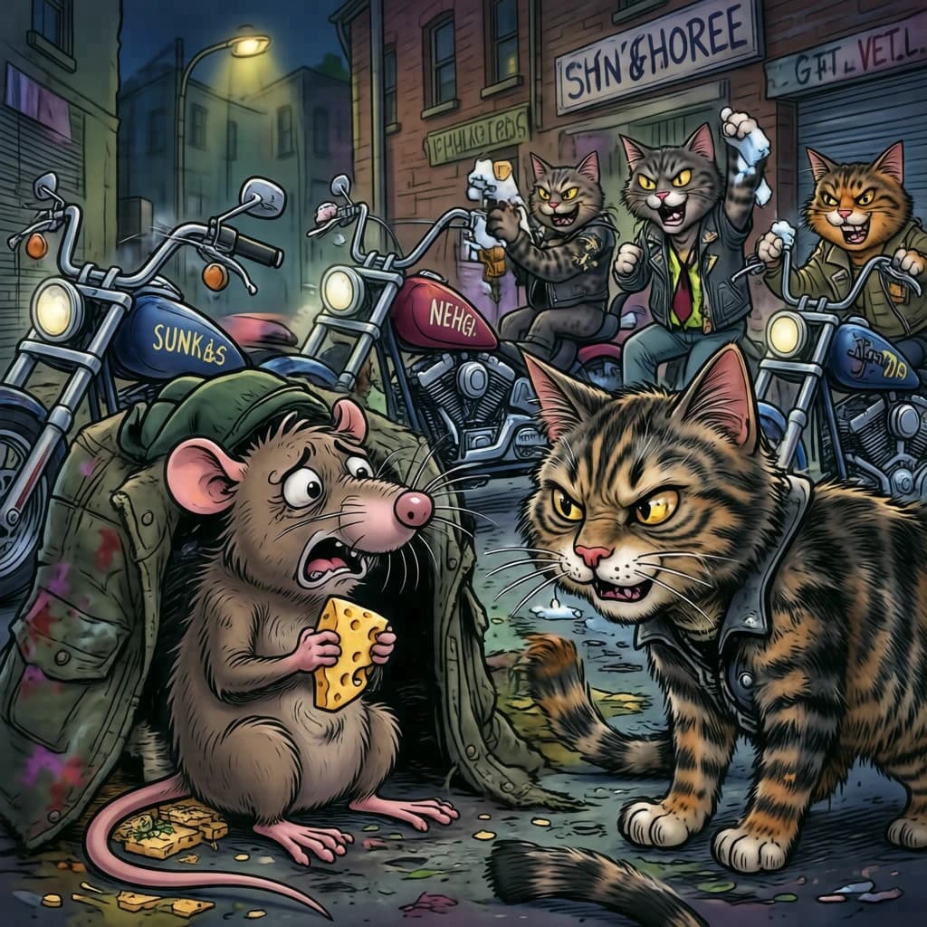 The cartoon rat clenches his thin wedge of cheese and trembles in fear as he hides from the menacing Jellicles, the roaming cat motorcycle gang, all wearing their colors with the name on the back. The cats have all drunk far too much milk and are causing a big ruckus! One cat is close to finding the rat